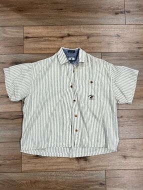 BEVERLY HILLS POLO CLUB Gray & White Striped Cotton Button-up | Size Medium